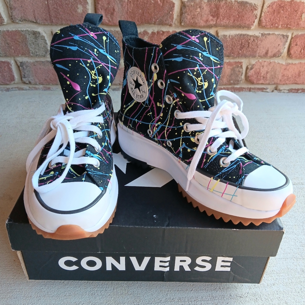 New Converse Run Star Hike Hi Black 'Splatter Paint' Platform Size 8 -  571872C